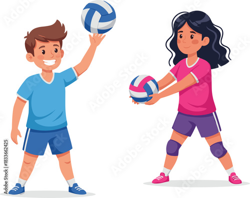 Cartoon children playing volleyball, sports activity, teamwork, fitness, smiling kids, athletic wear, gym scene, healthy lifestyle, white background, fun illustration