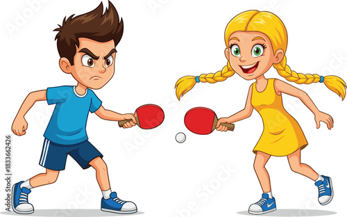 Cartoon children playing table tennis, kids ping pong match, boy and girl competition, fun sports activity, dynamic illustration, cheerful game