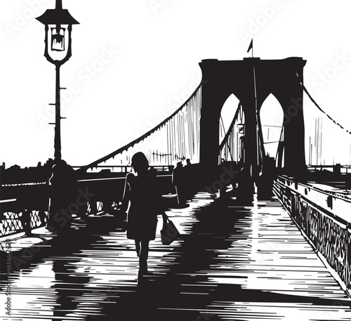 Urban Stroll: A solitary figure navigates a historic suspension bridge, surrounded by silhouetted structures and the soft glow of streetlights, depicting the timeless essence of city life.
