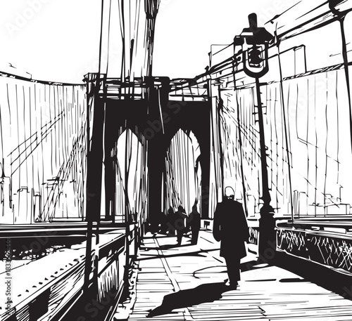 Urban Silhouette: A solitary figure navigates a historic bridge, captured in a monochromatic illustration. The scene is a tribute to urban life, history, and architectural elegance.