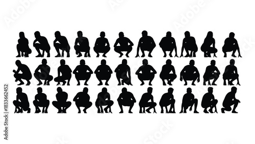 Diverse squatting people silhouettes isolated on white background, Vector
