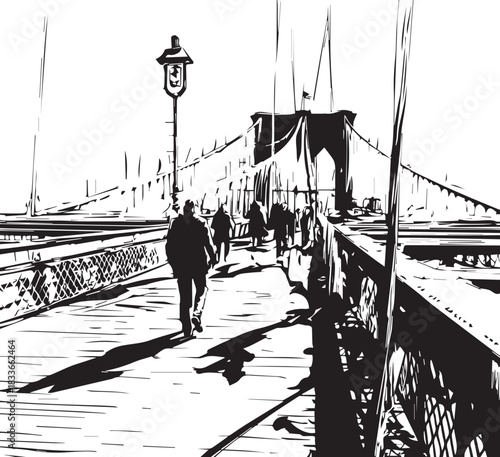 Brooklyn Bridge Stroll: capturing the classic architecture and silhouette of people strolling on the bridge, with details like lamppost create a scene of an urban walk. 