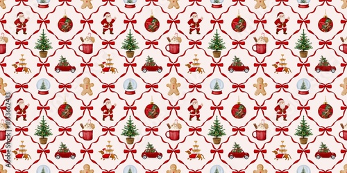 Christmas seamless pattern decorated with cute ornaments xmas element watercolor hand drawn red bows. Festive background for winter holidays for wrapping paper or fabric event Illustration.