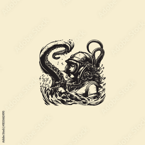 Intense, vintage-style black and white illustration featuring a deep sea diver wearing an old-fashioned helmet, being entangled or embraced by the tentacle of a giant octopus or kraken
