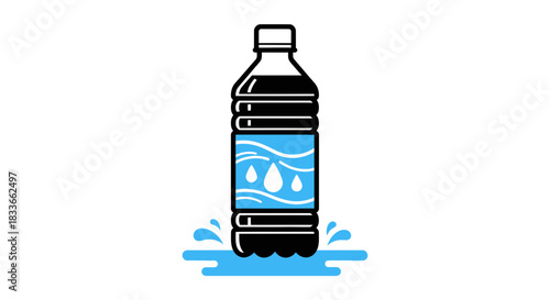 Refreshingly cool water bottle with splashing liquid on white background