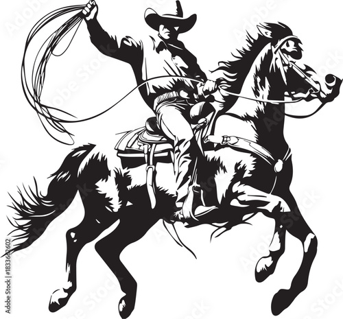 Cowboy on Horseback: A rugged cowboy, silhouetted against the open landscape, masterfully maneuvers his horse while expertly swinging a lasso, embodying the spirit of the Wild West.