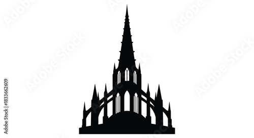 A striking gothic cathedral facade is prominently displayed against a plain white background silhouette
