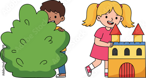 Cartoon children playing, toy castle, hide and seek, colorful objects, outdoor fun, cheerful scene, imaginative play, childhood joy, vibrant illustration