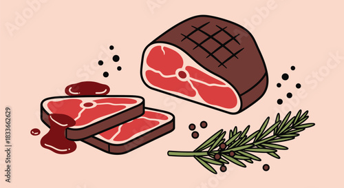 Fresh raw beef cuts with rosemary and peppercorns, ready for cooking