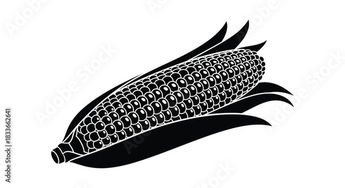 A striking black and white illustration of a single ear of corn in silhouette