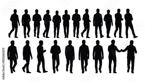 Collection of male silhouettes in various poses isolated on white background, Vector