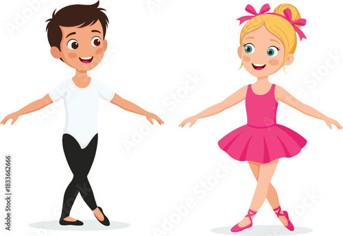 Cartoon children practicing ballet, elegant pose, pink leotard, classical dance, discipline, artistic movement, cheerful illustration, kids performance, graceful stance, expression