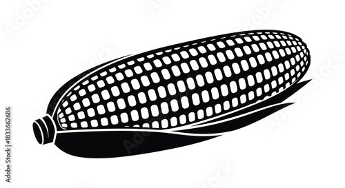 A detailed black and white illustration of a corn cob with husks a striking silhouette
