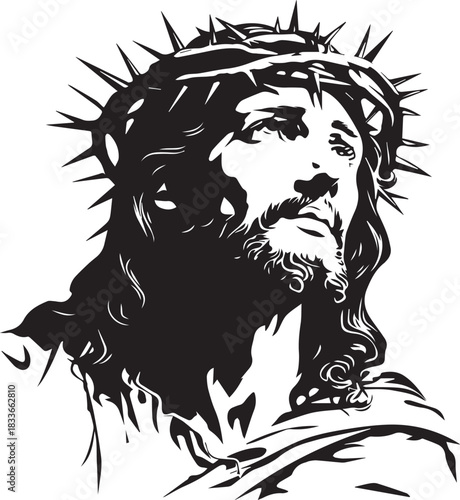 Sacred Gaze: An artistic illustration of a figure, crowned with thorns, conveying depth of emotion and serene composure.