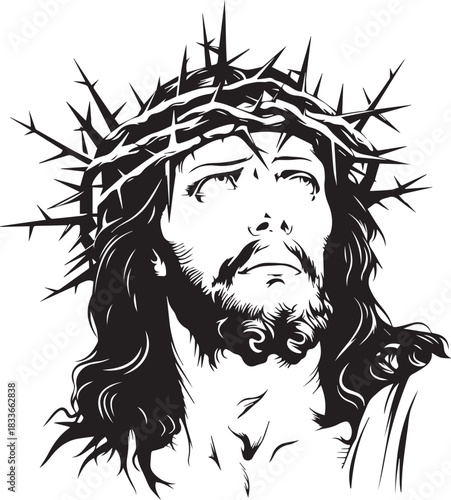 Divine Serenity: A solemn, artistic depiction of a revered figure with a crown of thorns, a symbol of faith and sacrifice, evoking reverence and contemplation.