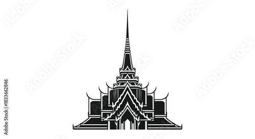 intricate thai temple architecture displayed in a striking black and white silhouette