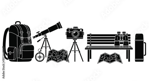 Adventure gear laid out for a journey, including a backpack, telescope, and maps.