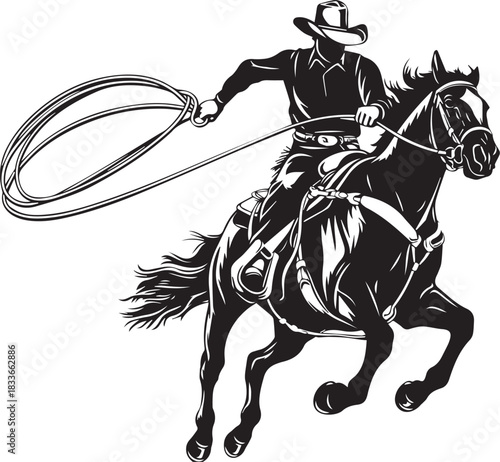 Cowboy Roping a Horse: An illustrated cowboy fearlessly rides a horse, expertly wielding a lasso in a dynamic display of skill and western heritage.