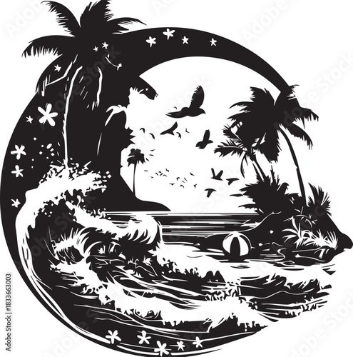 Island Paradise Silhouette: A stylized island scene, featuring towering palm trees, crashing waves, and soaring birds, painted in stark black and white, evokes a sense of tranquil escape.