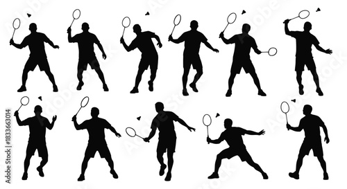 Silhouettes of athletes playing badminton with dynamic poses and shuttlecocks in motion.