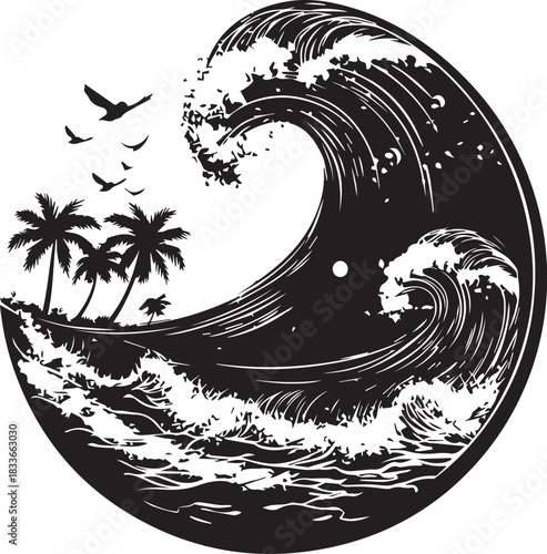 Eternal Wave's Embrace: An artistic, monochrome rendering of a powerful ocean wave, cresting and crashing with dynamic energy.🌴🌊 Birds gracefully soar above a tranquil island dotted with palm trees.