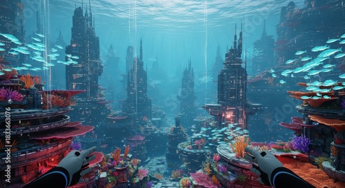 Underwater Sci-Fi Metropolis Exploration: First-Person View of a City Amidst Coral Reefs and Schools of Fish