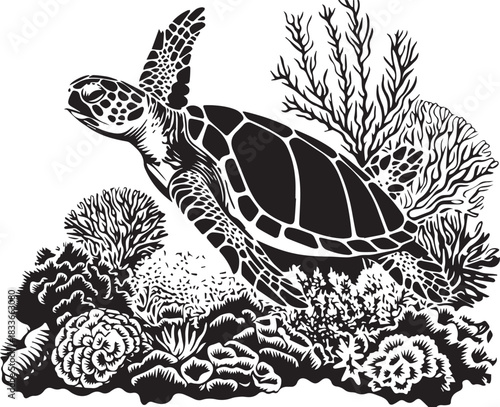 Oceanic Wanderer: A majestic sea turtle gracefully glides through a vibrant coral reef, embodying the tranquility and mystery of the ocean depths.