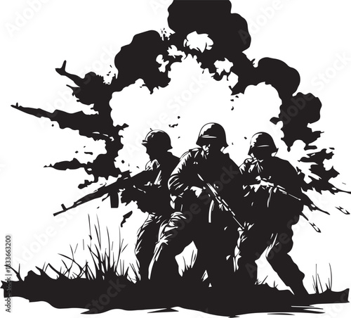 Silent Warriors Amidst the Chaos: Silhouette of determined soldiers advancing through a battlefield, dramatic image, portraying courage and resilience.