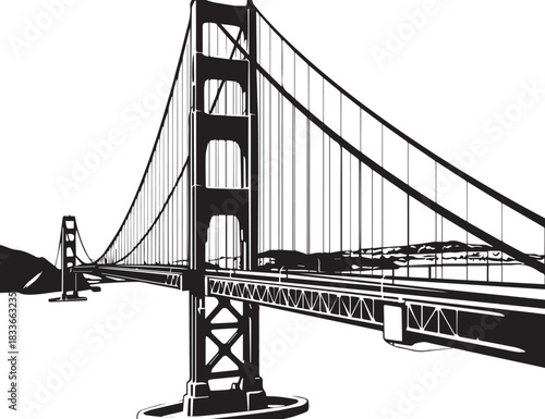 Golden Gate Bridge Silhouette: A bold black and white perspective of the iconic suspension bridge stretches across the frame, showcasing its architectural magnificence and streamlined form.
