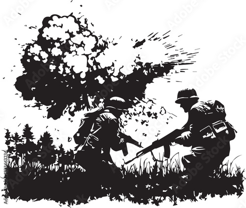 Shadows of Conflict: A stark monochrome illustration capturing the intensity of combat. Two soldiers crouch amidst the chaos of battle, their silhouettes defined against an explosion.