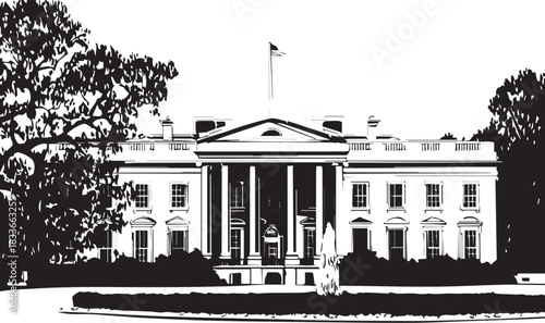The White House Icon: An iconic depiction of the White House, the official residence and workplace of the President, rendered in a crisp and classic black and white style.