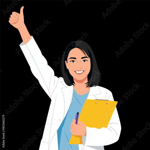 Smiling female doctor or scientist in white coat giving a thumbs up gesture while holding a yellow clipboard and pen, isolated on