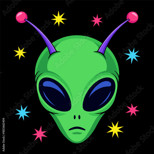 Close up of a classic green alien head with large black eyes and purple antennae with pink tips, surrounded by colorful star shapes on a
