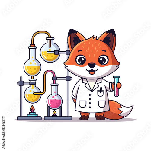 Cute cartoon fox scientist in a lab coat holding a test tube next to complex chemical laboratory glassware setup, isolated on