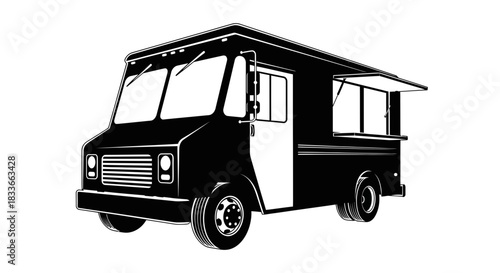 Sleek black food truck ready for service on white background