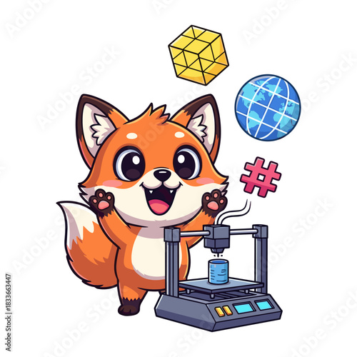 Cute cartoon fox character standing next to a 3d printer with geometric shapes and a hashtag symbol floating above, isolated on