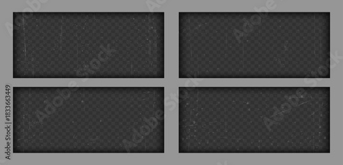 Film grain filter. Grungy strip isolated vector icon. Retro texture with dust and scratches for aged photo or design. Set of speckled backgrounds.