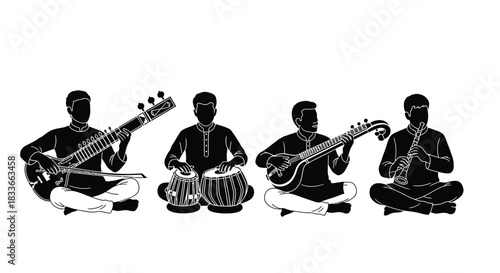 Musicians play traditional Indian instruments in a harmonious ensemble
