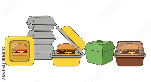 Assortment of takeout food containers with burgers inside, showcasing variety and convenience
