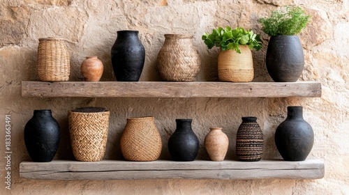 A collection of various vases, some containing plants, arranged on rustic wooden shelves against a textured stone wall. The arrangement creates a decorative and