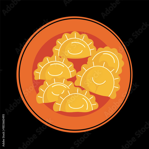 Cute illustration of a plate full of delicious yellow dumplings with crimped edges, presented as a simple, cheerful food icon or graphic element on a dark background