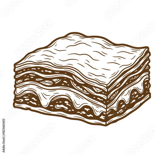 Hand drawn sketch vintage illustration of a delicious layered lasagna pasta dish.
