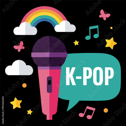 Vibrant illustration featuring a pink microphone, a rainbow, musical notes, butterflies, and stars with the text kpop in a speech bubble against a