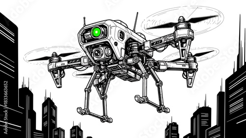 A futuristic drone hovers above a stylized cityscape, showcasing advanced technology.