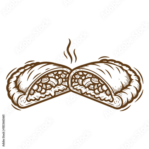 Hand drawn sketch vintage illustration of a freshly baked savory empanada cut in half