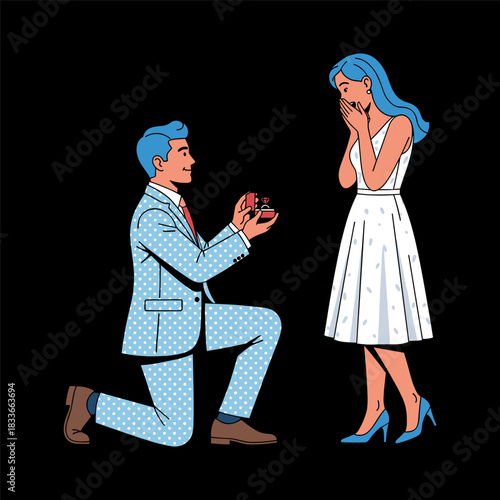 Pop art style illustration of a man kneeling down proposing marriage to a surprised woman holding a ring box against a
