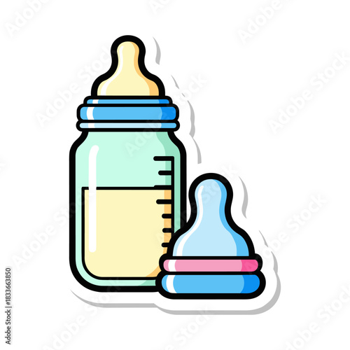 Cute cartoon sticker illustration of a baby feeding bottle filled with milk next to a detached nipple, isolated on