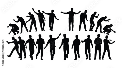 Group of male silhouettes in various poses isolated on white background, Vector