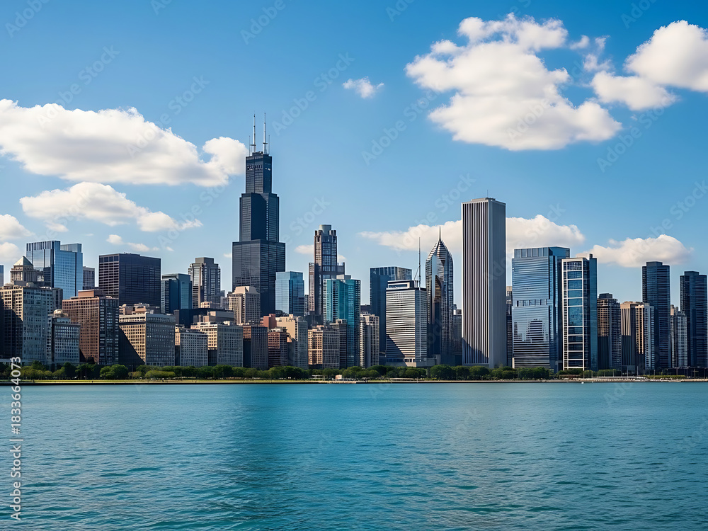 Fototapeta premium Chicago skyline viewed from lake michigan on a bright, sunny day with scattered white clouds above