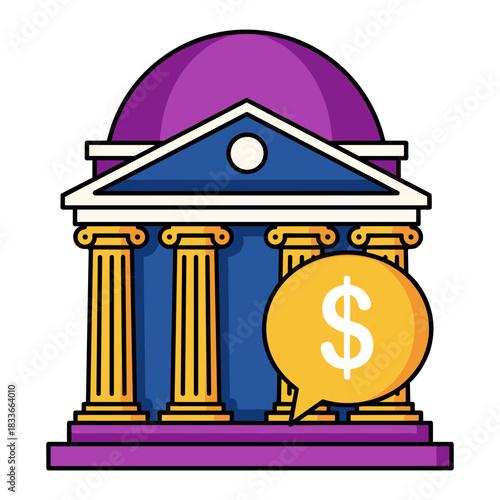 Illustration of a classical bank building with columns and a dome, featuring a speech bubble with a dollar sign representing finance, money, or banking communication, isolated on